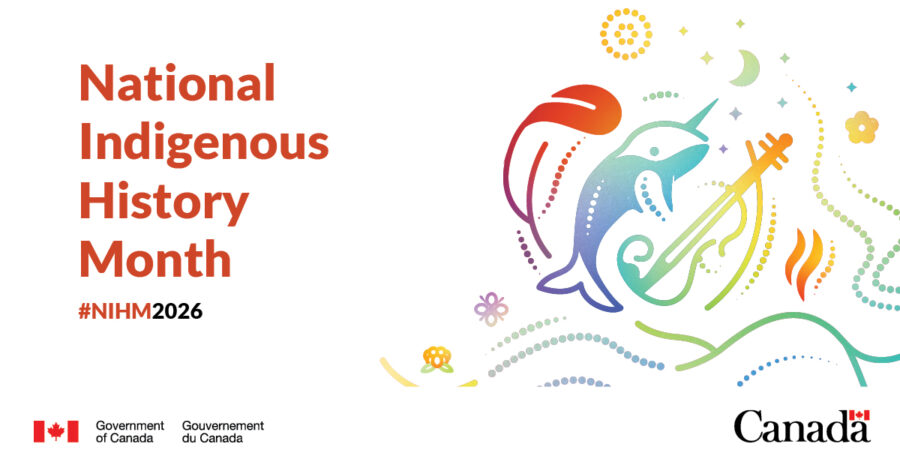 Artwork celebrating National Indigenous History Month featuring a colourful narwhal and feather